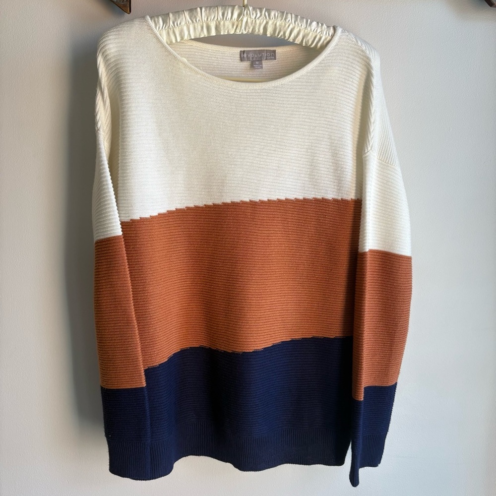 Evolution by Cyrus Tarley Color Block Pullover Sweater cream copper navy blue M